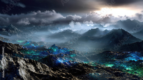 An ethereal, otherworldly landscape under a dramatic, cloudy sky, with glowing blue and green lights illuminating the valleys between rugged mountains. The scene evokes a sense of mystery and wonder.