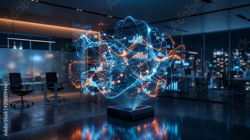 Futuristic AI Hologram and Big Data Visualization Glowing in a Modern Corporate Office at Night, Digital Transformation and Neural Network Concept
