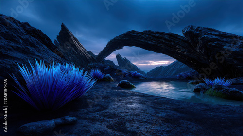 A surreal, alien landscape at dusk with a still body of water reflecting the twilight sky. Luminescent blue plants add an otherworldly glow to the rocky terrain.