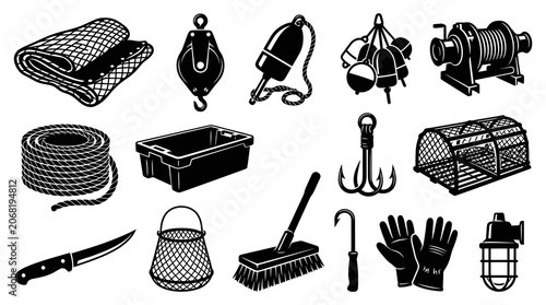 Black and White Vector Icons of Fishing Gear and Equipment