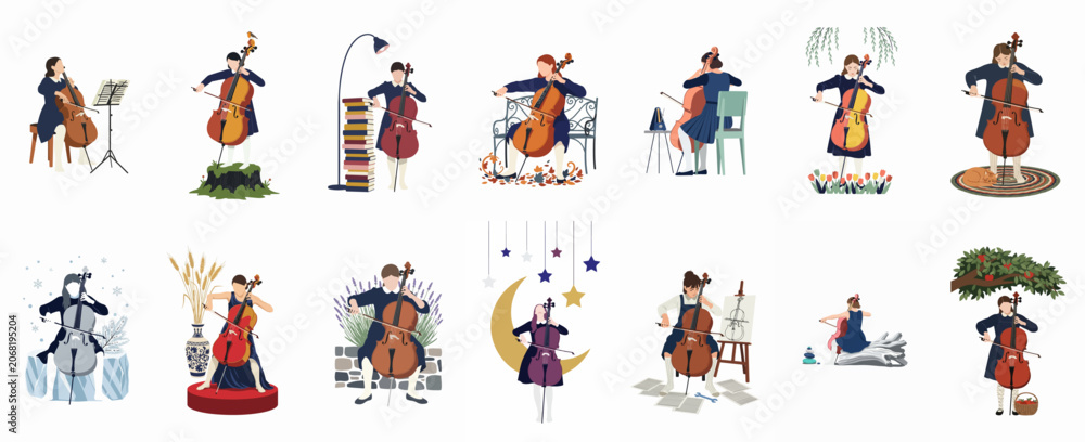 Fototapeta premium Collection of Flat Illustrations Showing Young Female Cellists Playing in Various Seasonal and Whimsical Settings