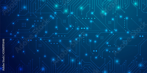 Photos Detailed digital circuit board illustration featuring dense electronic paths and glowing light points
