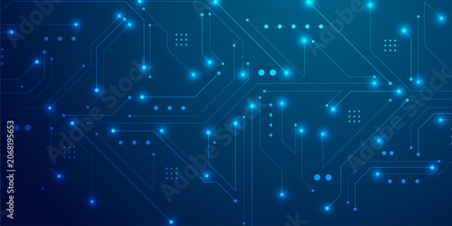 Tableau sur toile Futuristic cyan circuit board pattern with bright glowing data nodes and geometric line art