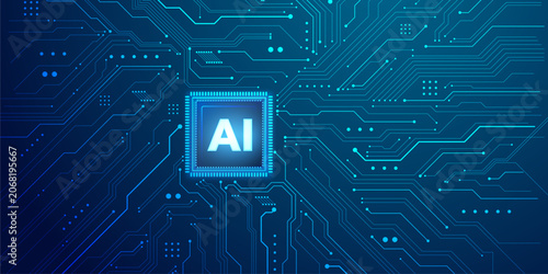 Tableau sur toile Modern AI microchip processor on complex circuit board background with glowing blue traces