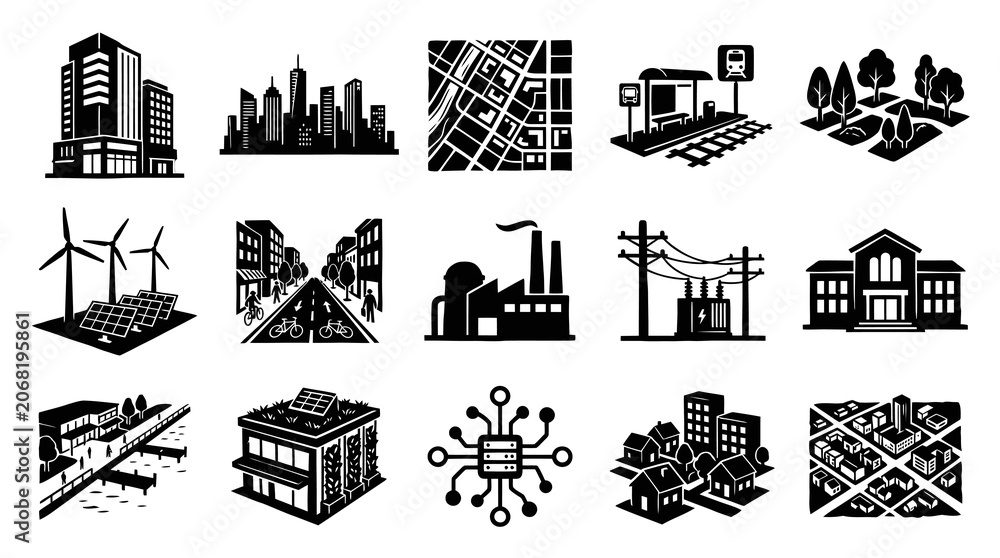 Fototapeta premium Smart City, Urban Planning Infrastructure Glyph Icons Set. Sustainable Technology Symbols.