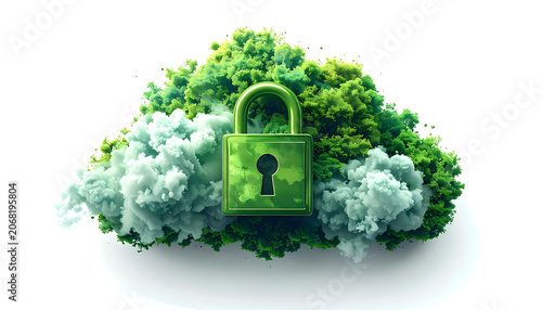 Green Padlock Icon Integrated into a Lush Cloud of Moss and Foliage Representing Eco Friendly Security.