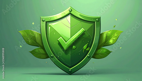 Green metallic shield with check mark and organic leaves representing environmental protection and security.