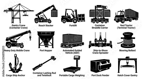 Port and Shipping Industry Equipment Icons: Black  White Vector Set
