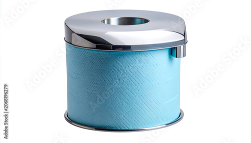 Modern blue cylindrical ashtray with polished chrome lid and rotating mechanism for smoke control.