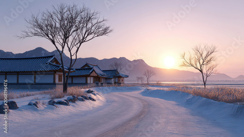 A serene winter landscape featuring traditional Korean houses with snow-covered roofs, a winding snowy path, and bare trees against a soft, pastel sunrise sky