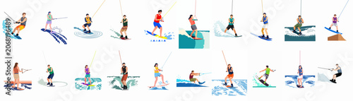 Canvastavla Large collection of flat illustrations showing diverse men and women wakeboarding and wakesurfing on waves, representing active summer water sports and recreation activities