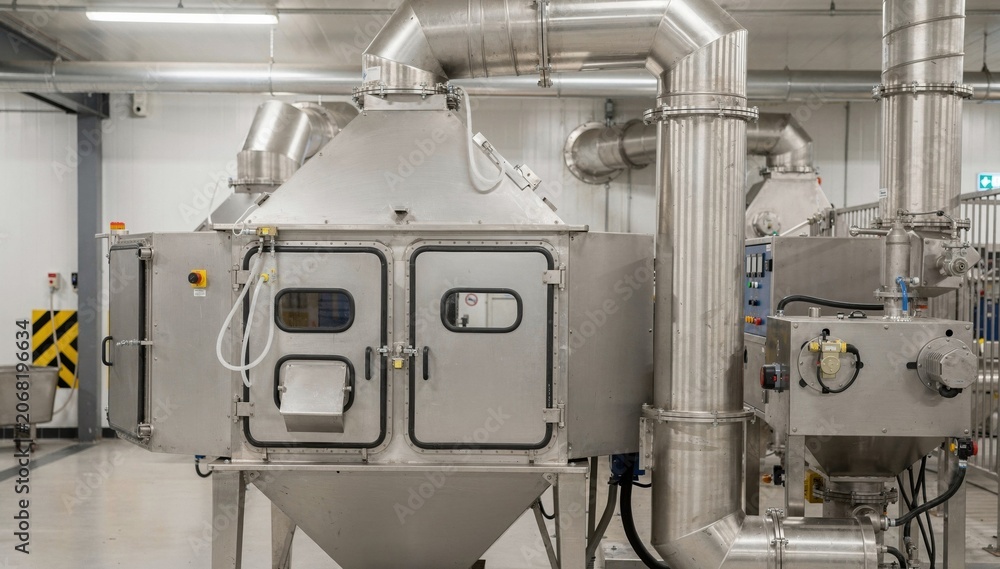 Obraz premium Medium shot showcasing an enclosed dust collection system integrated into a pasta processing hopper highlighting sealed compartments and controlled waste extraction.