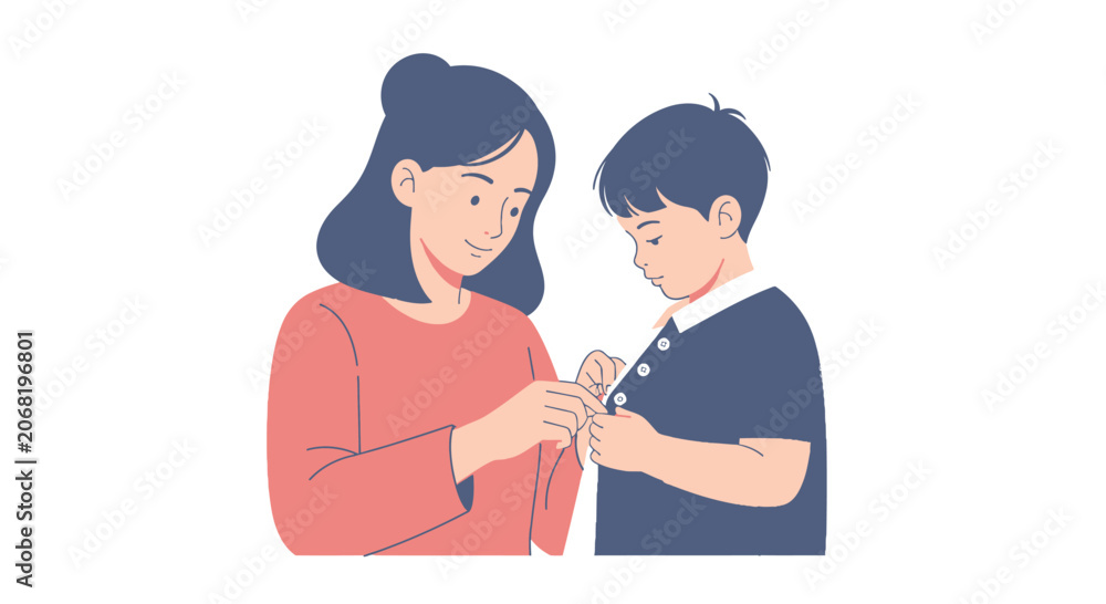 Fototapeta premium Mother helping son button his shirt, caring, love, family, childhood, everyday life