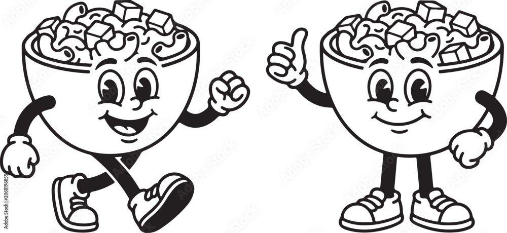 Fototapeta premium Animated Macaroni Cheese Bowls Running and Thumbs Up in Simple Line Drawing Style