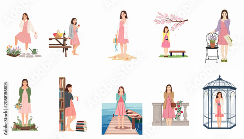 Photos A series of illustrations showing a young woman experiencing seasonal allergy symptoms and hay fever triggers in various outdoor and indoor environments