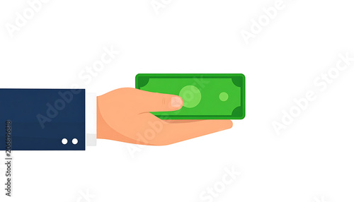 Hand of a businessman holding a green paper banknote for payment or donation.