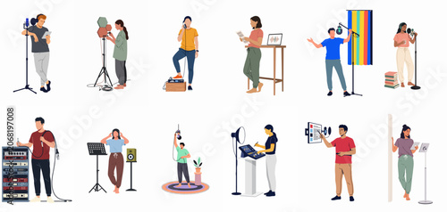 Fotografie Collection of diverse people recording podcasts and audio in various studio settings, featuring sound engineers, broadcasters, and vocal performers using professional recording equipment