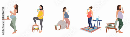 Canvastavla Flat vector illustration set of pregnant women staying hydrated and maintaining a healthy lifestyle by drinking water in various home settings