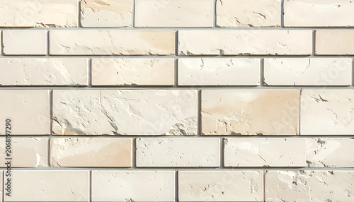 Modern light beige brick wall texture background with horizontal stone blocks.