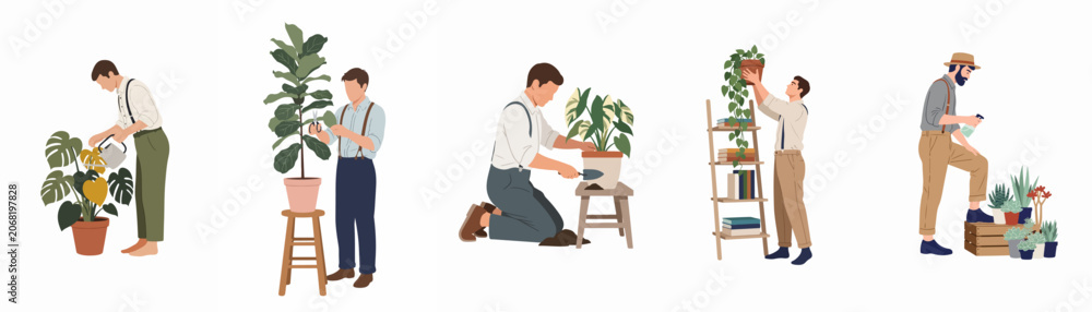 Fototapeta premium Set of vector illustrations featuring men in vintage attire caring for various indoor houseplants like Monstera, Fiddle-leaf fig, and succulents on white background.