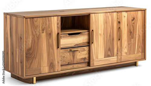 Modern Solid Wood Sideboard Cabinet with Sliding Doors and Drawers for Living Room Storage.