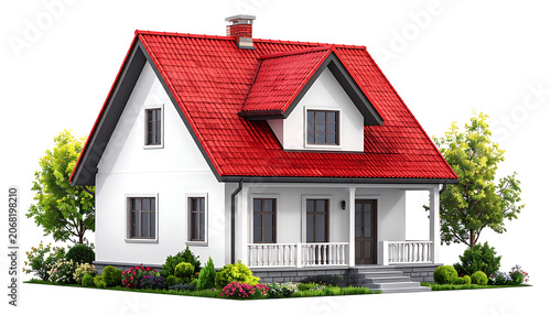 Modern suburban family house with bright red roof and white walls surrounded by green trees.