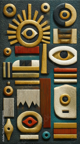 Inca abstract geometric relief featuring Inti motifs and eye background