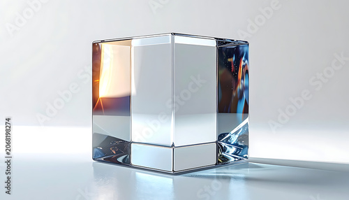 Modern transparent glass cube with light reflections and geometric shadows on a white surface.