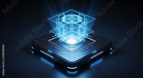 Processor chip emits glowing blue light representing advanced data.