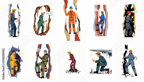 Bild auf Leinwand Flat vector illustration set of speleologists exploring caves with headlamps and professional gear for scientific research and adventure
