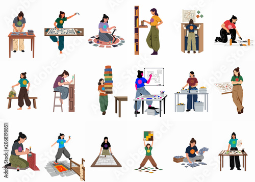 Canvas Print Set of flat vector illustrations depicting a woman preparing and engaging in tabletop role-playing games, including mapping, painting miniatures, and dungeon mastering
