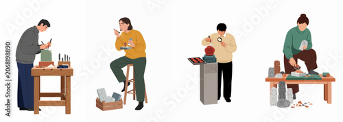 Φωτογραφία Set of flat illustrations depicting artisans and craftspeople engaged in the traditional art of stone carving, seal engraving, and sculpture creation