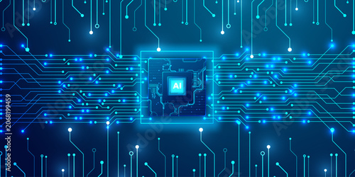 Bild auf Leinwand Artificial intelligence microchip on motherboard with glowing blue digital pathways and neural network data transmission design