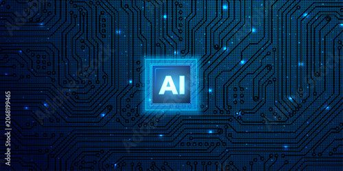 Fényképezés Horizontal glowing AI chip layout on black background with symmetrical blue circuit lines and digital hardware elements