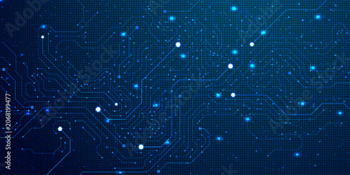 Foto Abstract dark blue digital background featuring sparse glowing nodes and circuit connections on textured micro pattern