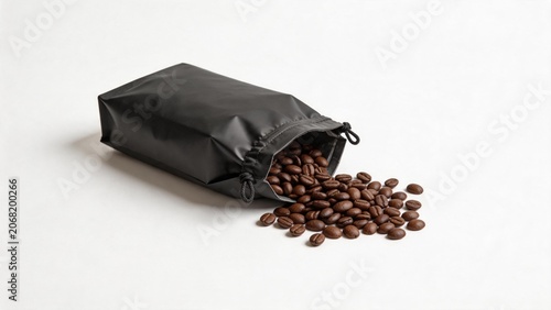 Coffee beans spilling from black bag