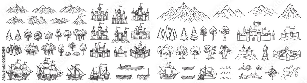 Naklejka premium Fantasy Map Line Art Set – Vector Sketches of Mountains, Castles, Trees, Ships, Villages, and Compasses 