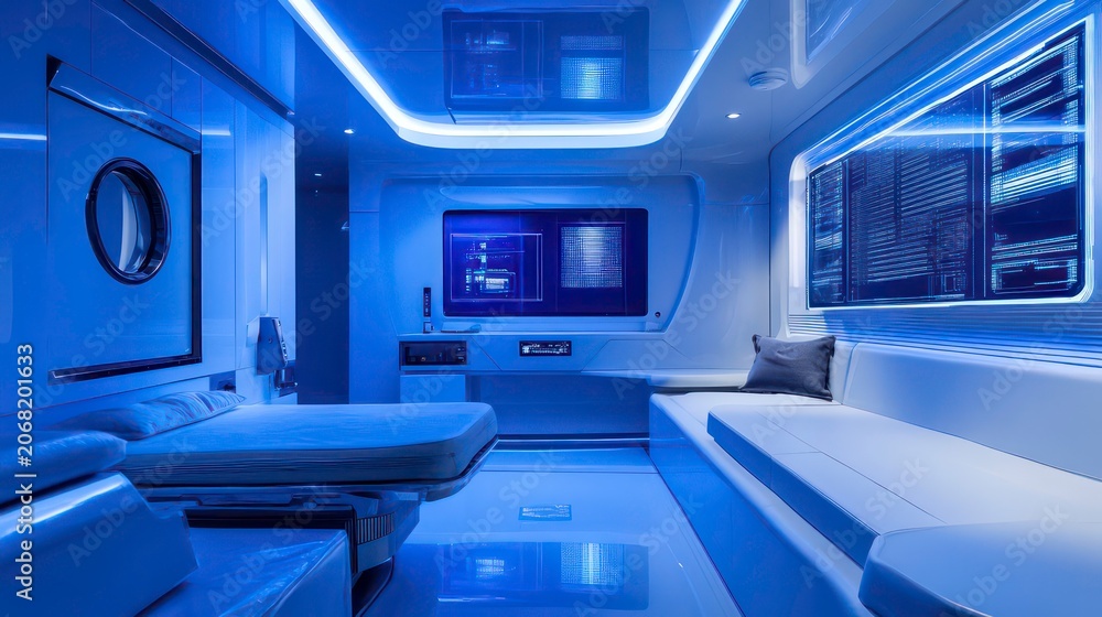 Fototapeta premium A sleek, blue futuristic high-tech laboratory or control room with advanced technology, glowing digital displays, and a modern, sci-fi-inspired interior design.