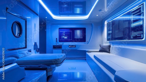 A sleek, blue futuristic high-tech laboratory or control room with advanced technology, glowing digital displays, and a modern, sci-fi-inspired interior design.