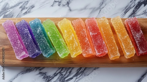 A vibrant assortment of sour gummy belts in rainbow colors, neatly arranged on a wooden board, each piece glistening with a sparkling sugar coating, offering a colorful and tantalizing treat.