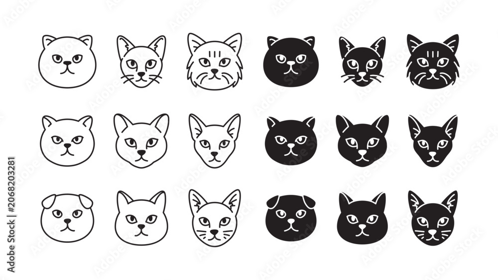 Foto Domestic cat head outline and solid icon set