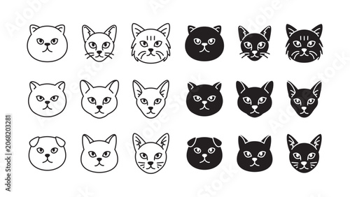 Foto Domestic cat head outline and solid icon set