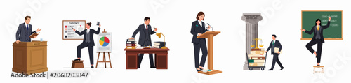 Tableau sur toile Collection of diverse legal professionals in various courtroom and office settings, presenting evidence, conducting research, and speaking at trials