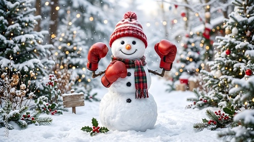 Snowman, Boxing. A festive snowman wearing boxing gloves in a snowy, celebrating holiday cheer