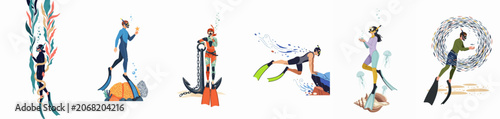 Foto Set of flat vector illustrations depicting male and female divers exploring the diverse underwater world with coral reefs, marine animals, and sea plants