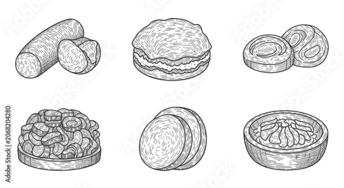Black and white illustration of sliced mushrooms in a wooden basket