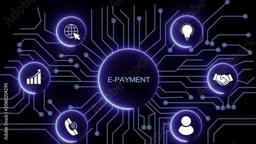 e-payment concept with circuit lines and digital symbols hovering above a businessman, technology. manufacturing process management all connected in a digital circle like pattern.