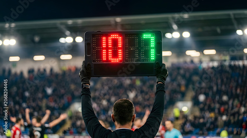 a fourth official holding an electronic substitution board  at a football stadium