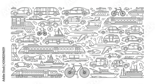 Monochrome outline icons of transportation vehicles for transit concepts