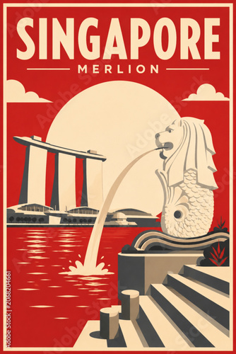 Singapore Merlion and Marina Bay Sands Vector Poster, Iconic Travel Landmark Illustration with Vintage Heritage Design